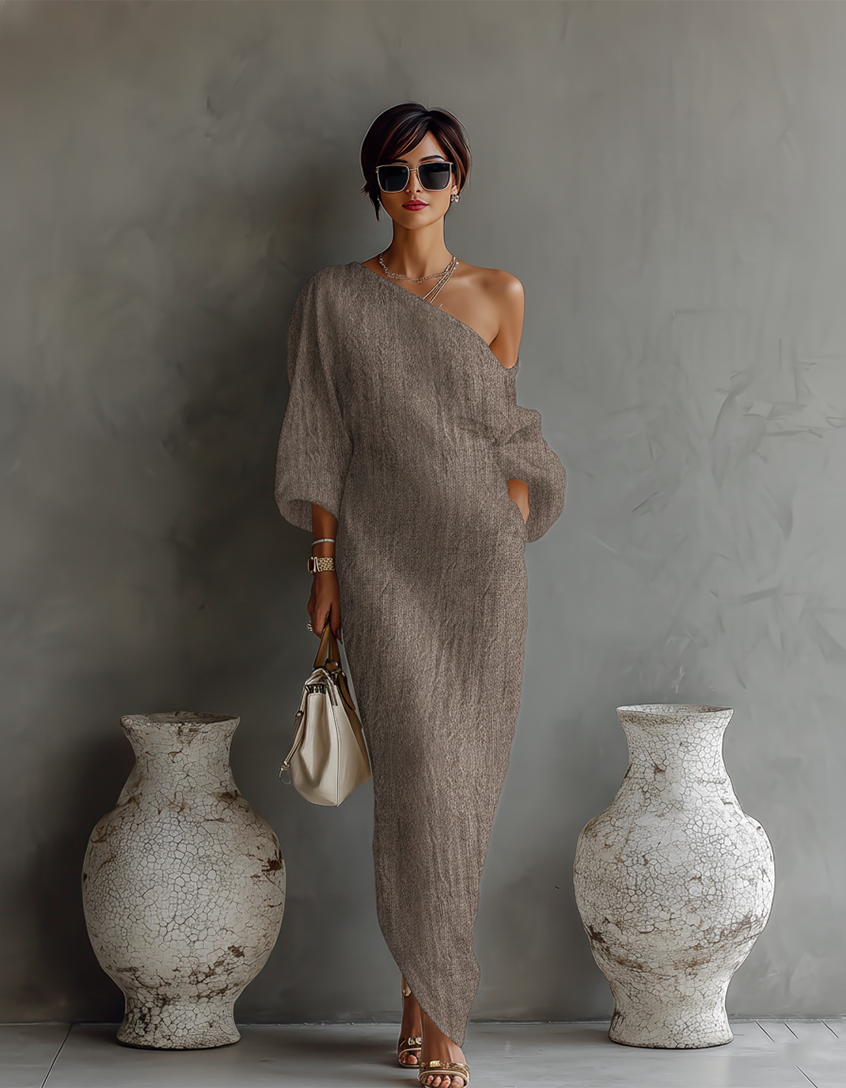 Elegant Flowing Ivory White Cotton-Linen Dress with Off-Shoulder