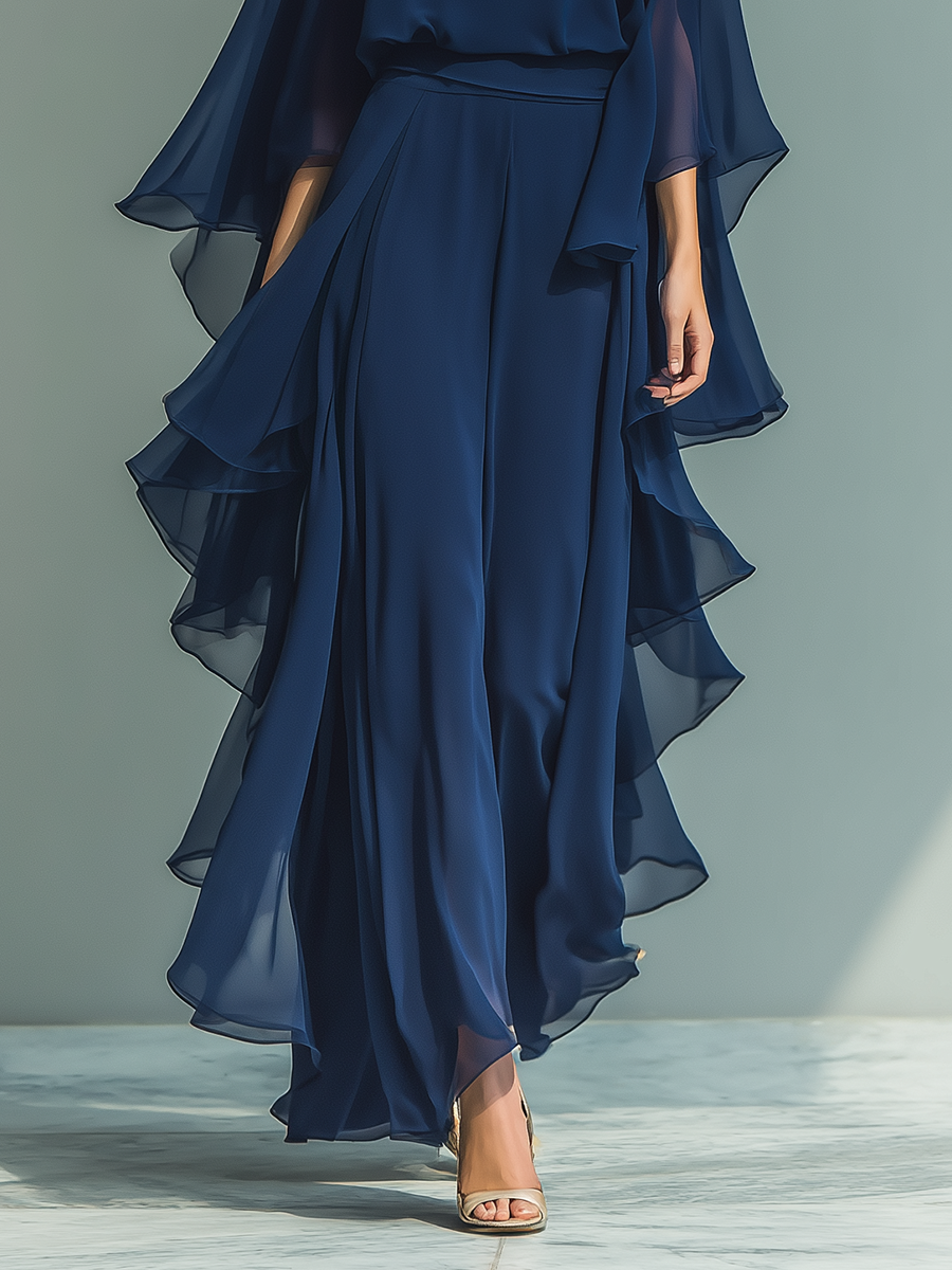Navy Blue Chiffon Top Set with Flared Sleeves and Straight-Leg Pants with Ruché Details