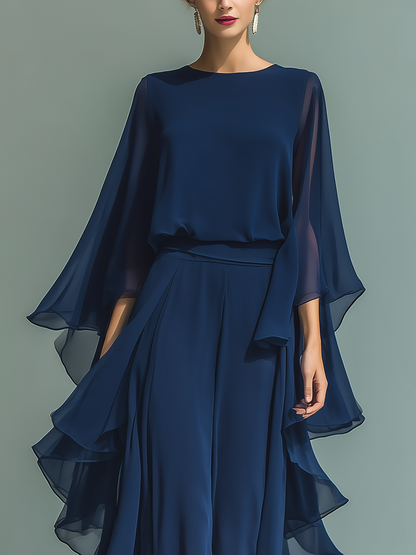 Navy Blue Chiffon Top Set with Flared Sleeves and Straight-Leg Pants with Ruché Details