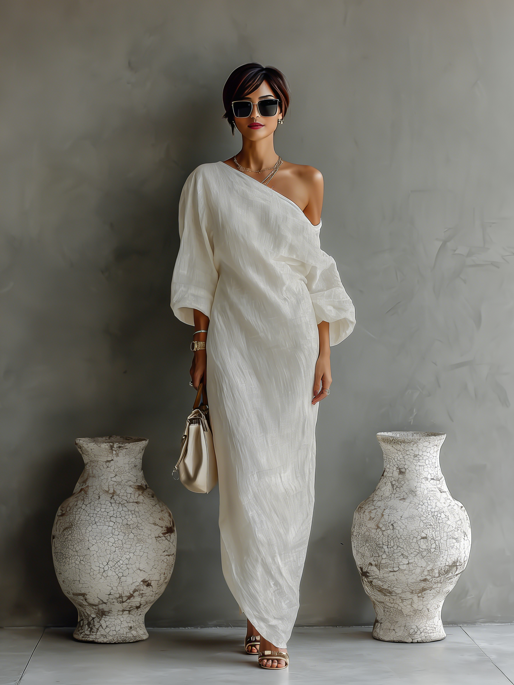 Elegant Flowing Ivory White Cotton-Linen Dress with Off-Shoulder