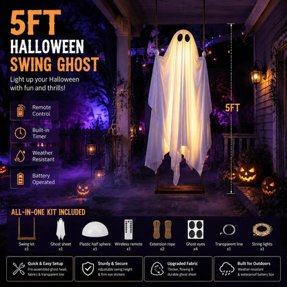 5FT Halloween Swing Ghost with LED Lights & Remote Control
