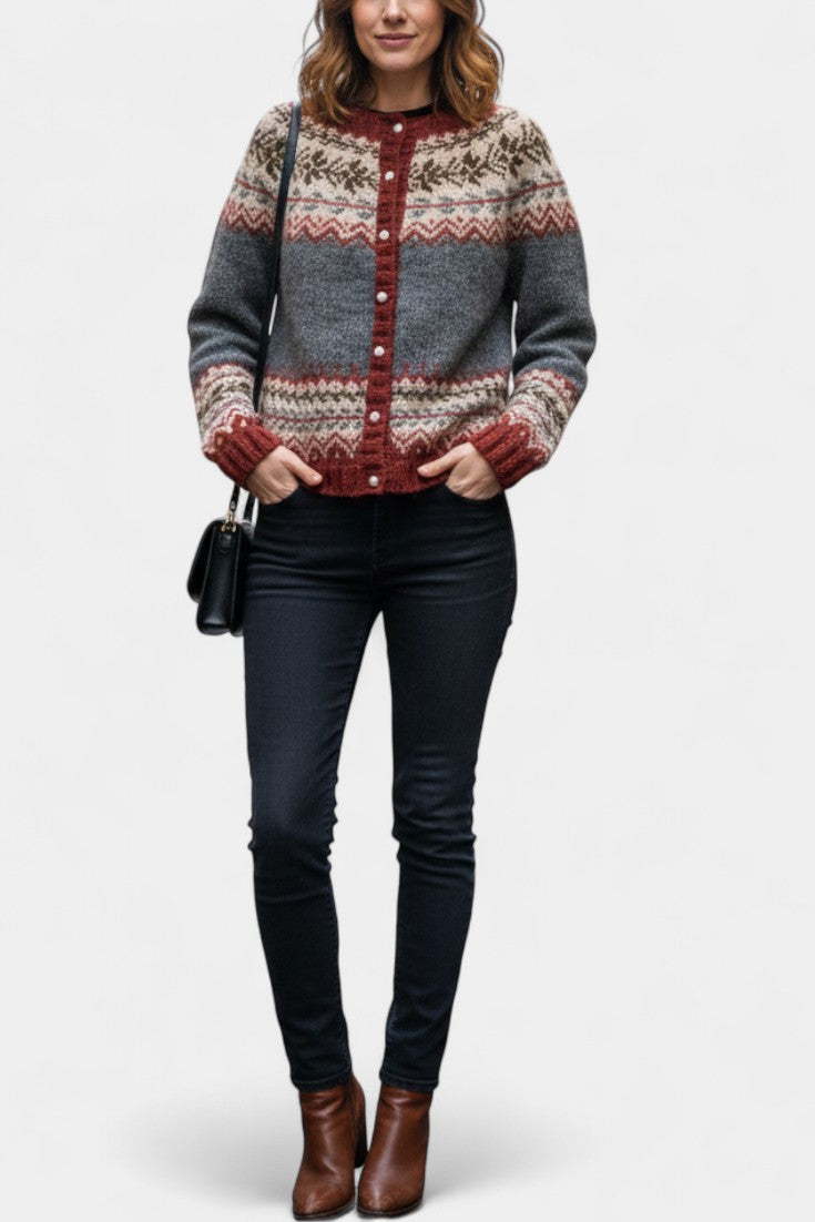 Sancia Classic Button-Up Thick Knit Jacquard Cardigan