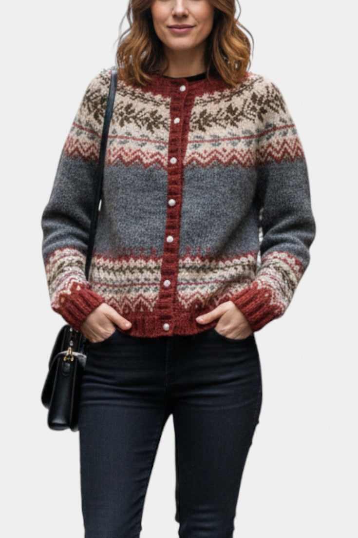 Sancia Classic Button-Up Thick Knit Jacquard Cardigan