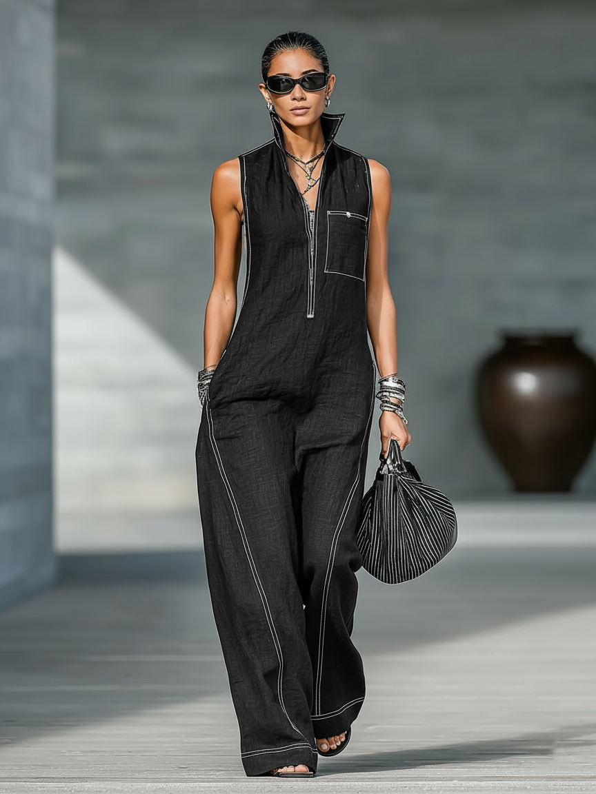 Women's Minimalist Sleeveless Overalls with White Trim