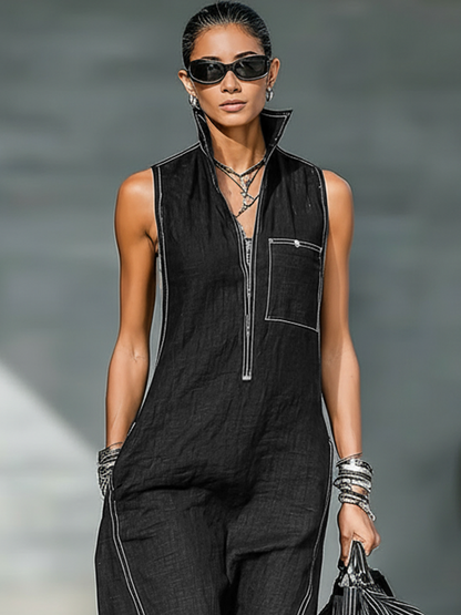 Women's Minimalist Sleeveless Overalls with White Trim