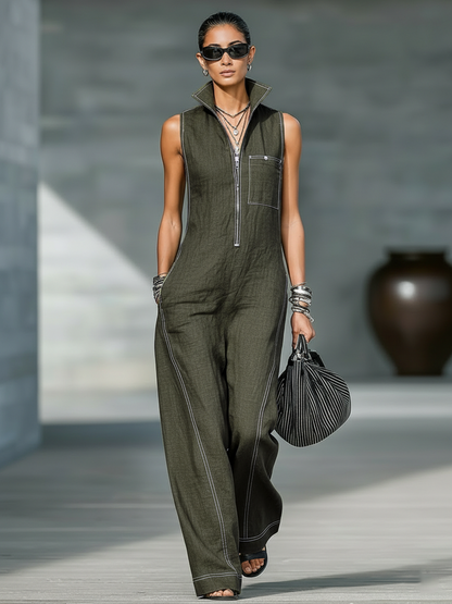 Women's Minimalist Sleeveless Overalls with White Trim