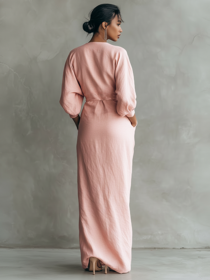 Pink Minimalist Maxi Dress with V-Neck in Linen Blend