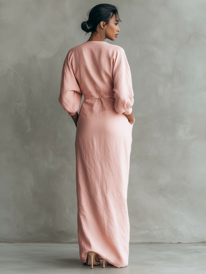 Pink Minimalist Maxi Dress with V-Neck in Linen Blend