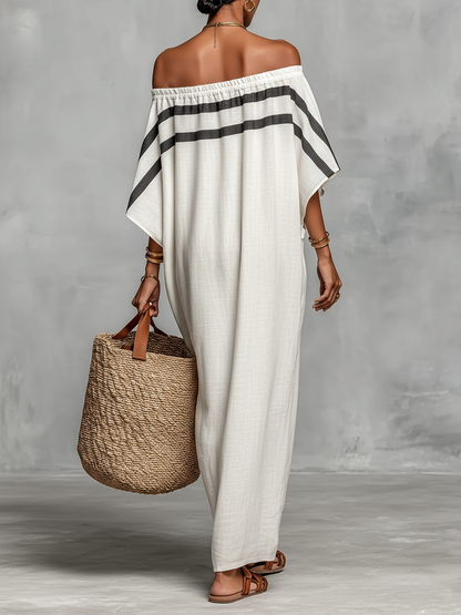 Maxi Minimalist Dress for Women with Off-the-Shoulder Neckline and Batwing Sleeves