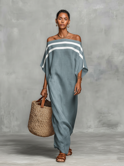 Maxi Minimalist Dress for Women with Off-the-Shoulder Neckline and Batwing Sleeves