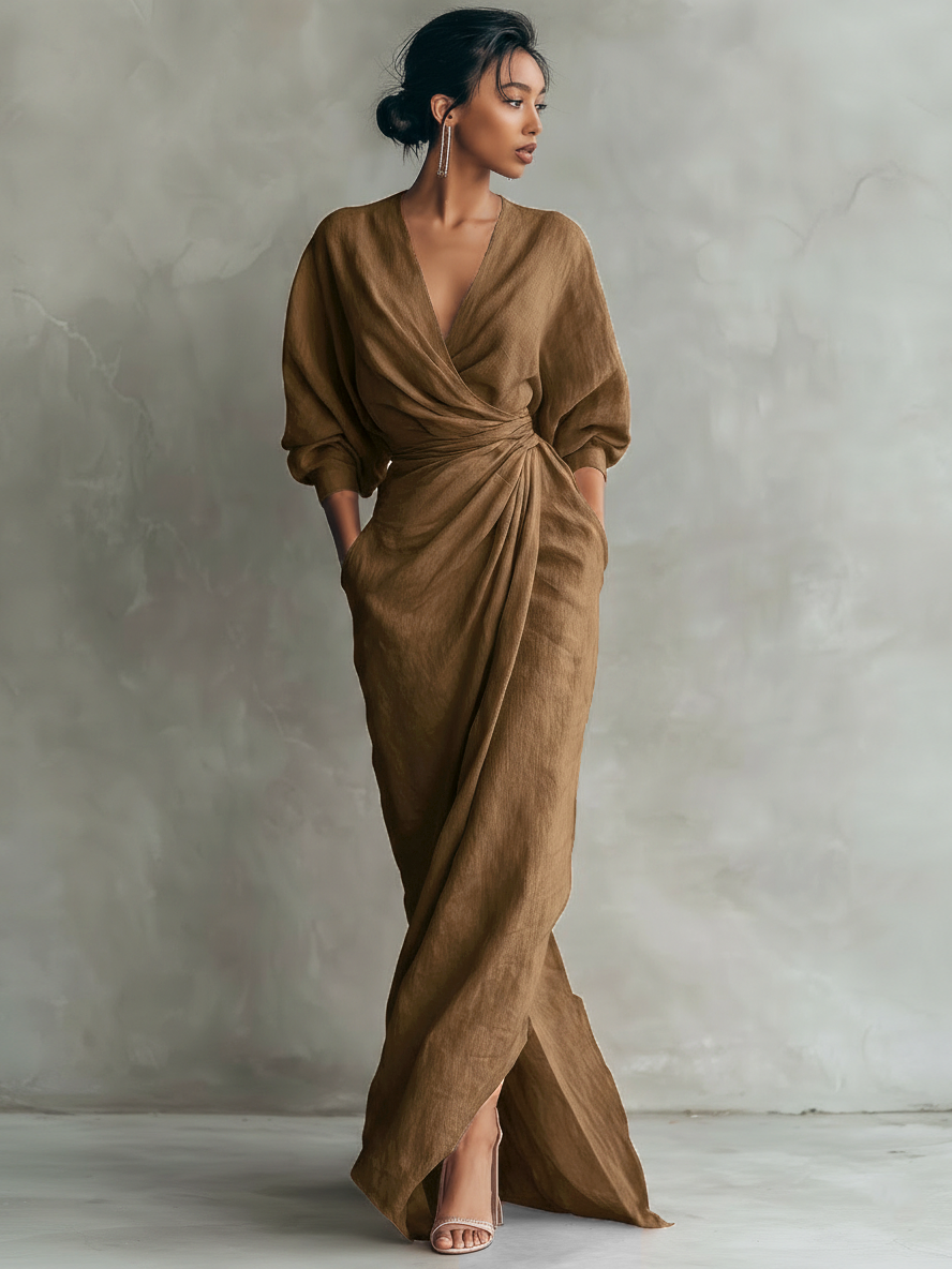 Pink Minimalist Maxi Dress with V-Neck in Linen Blend
