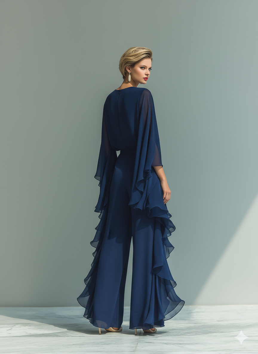 Navy Blue Chiffon Top Set with Flared Sleeves and Straight-Leg Pants with Ruché Details