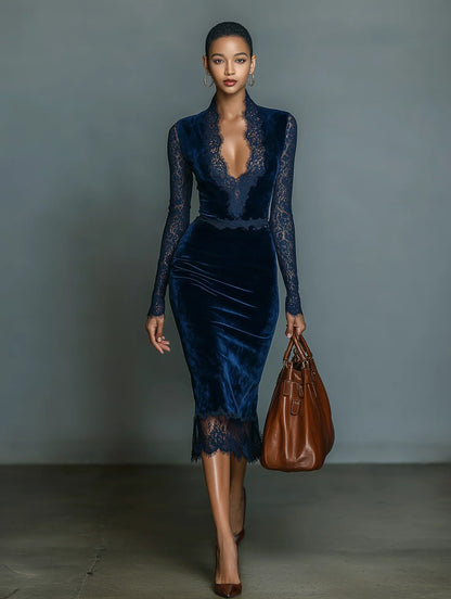 Elegant and Fashionable Dark Blue Velvet Midi Slim-fit V-neck Dress
