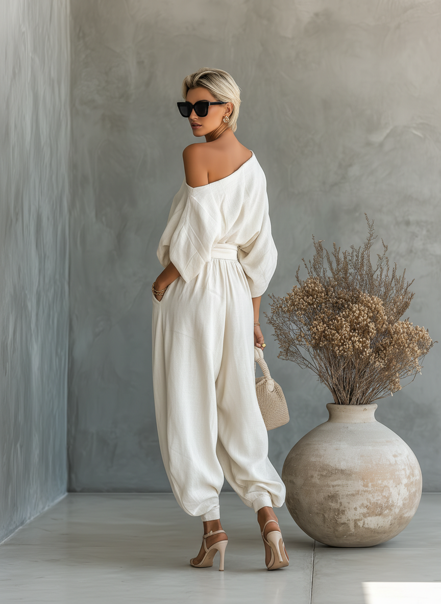 Women's Off-White Set with Off-Shoulder Top and Tapered Pants
