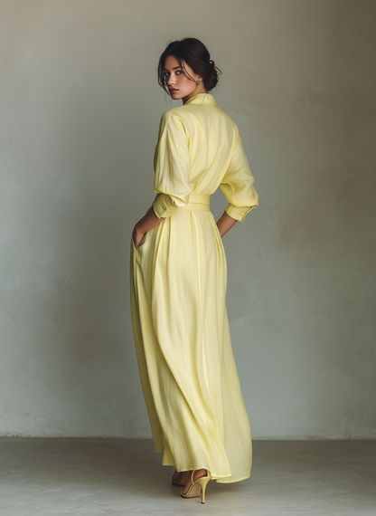Maxi Shirt Dress for Women in Lemon Yellow with a Tie Belt & Three-Quarter Sleeves