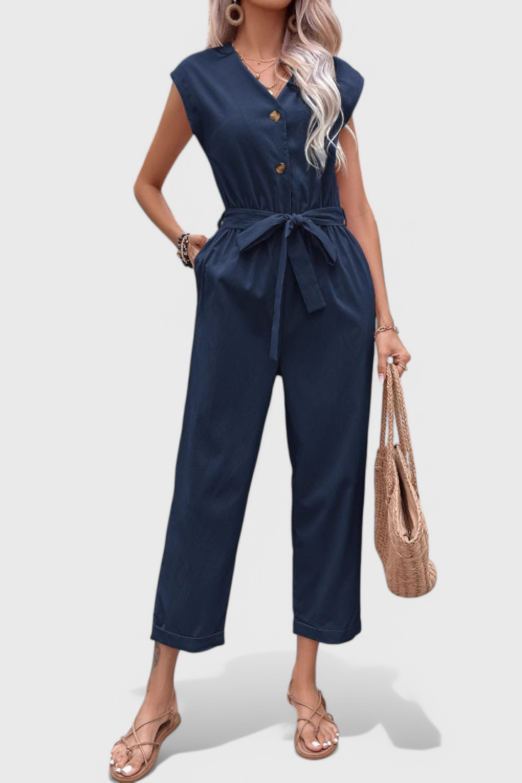Marie™ -  Sleeveless Cotton Jumpsuit with Tied Waist and Button Front