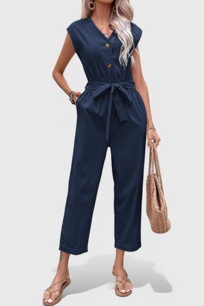 Marie™ -  Sleeveless Cotton Jumpsuit with Tied Waist and Button Front