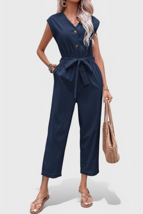 Marie™ -  Sleeveless Cotton Jumpsuit with Tied Waist and Button Front