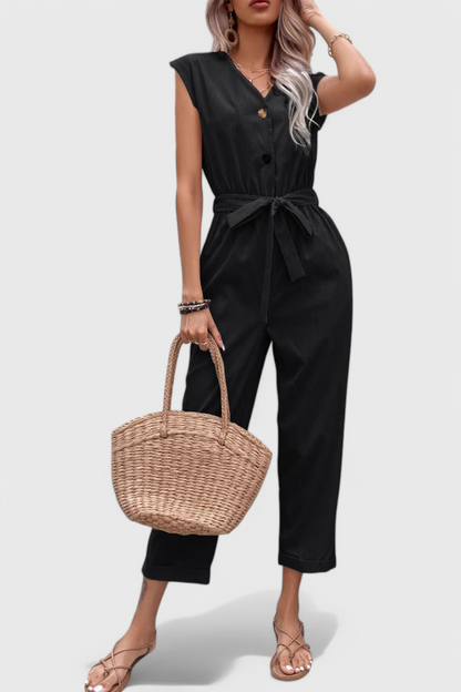 Marie™ -  Sleeveless Cotton Jumpsuit with Tied Waist and Button Front