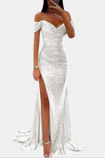 Off-Shoulder Mermaid Dress by Ariel with Ruched Corset and High Slit