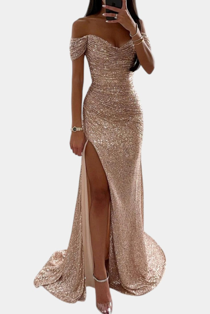 Off-Shoulder Sequin Mermaid Dress by Ariel with High Slit