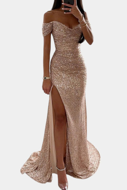 Off-Shoulder Sequin Mermaid Dress by Ariel with High Slit