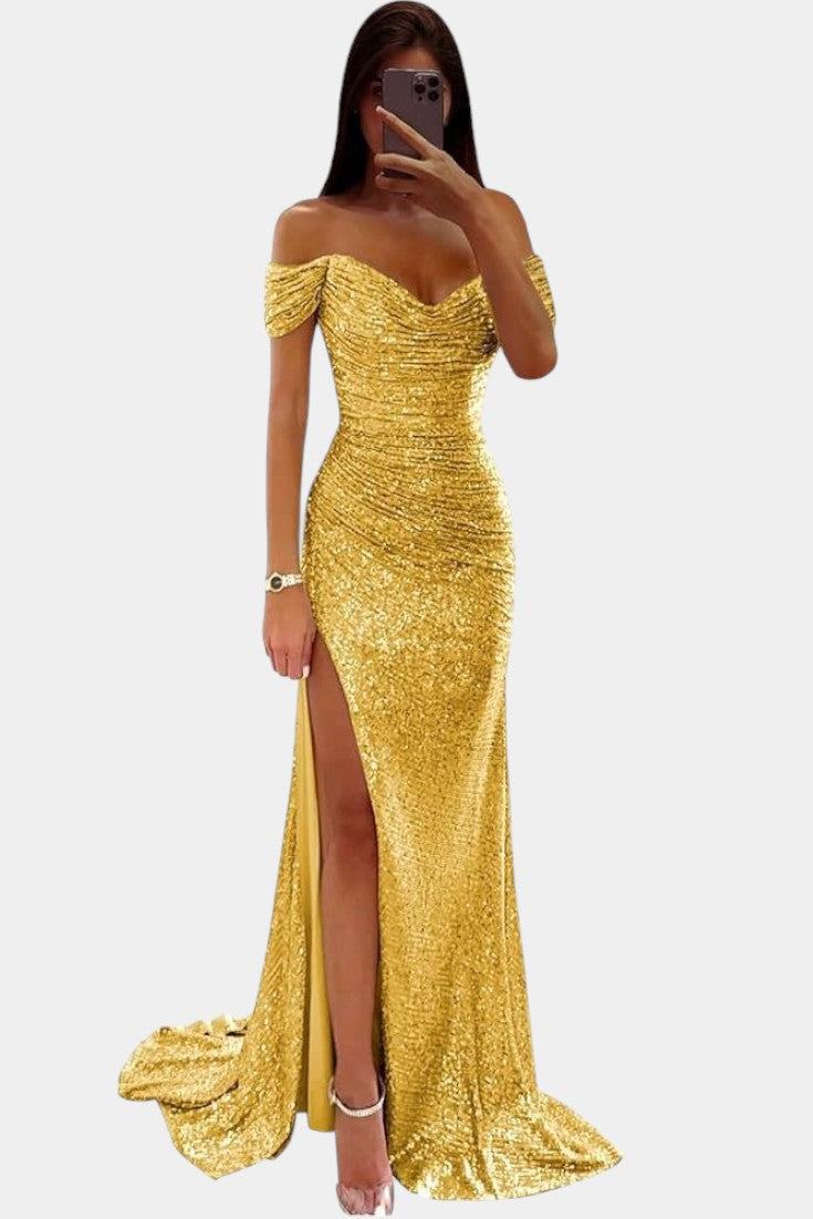 Off-Shoulder Sequin Mermaid Dress by Ariel with High Slit