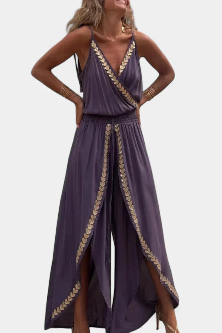 Donatila™ -  Backless Jumpsuit Featuring Elegant Gold Accents