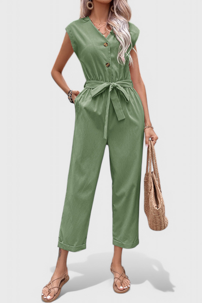 Marie™ -  Sleeveless Cotton Jumpsuit with Tied Waist and Button Front