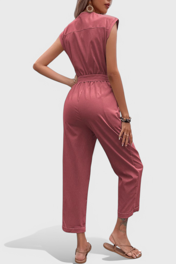 Marie™ -  Sleeveless Cotton Jumpsuit with Tied Waist and Button Front