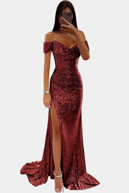 Off-Shoulder Sequin Mermaid Dress by Ariel with High Slit