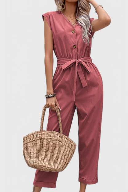 Marie™ -  Sleeveless Cotton Jumpsuit with Tied Waist and Button Front