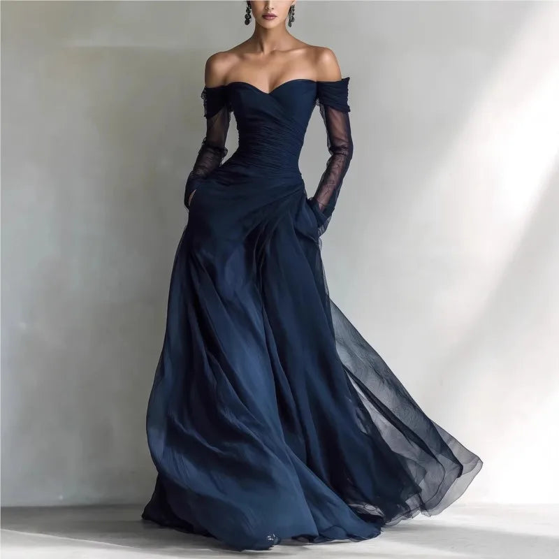 Matilda • Long dress with off-the-shoulder design and mesh inserts