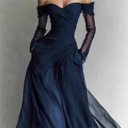 Matilda • Long dress with off-the-shoulder design and mesh inserts