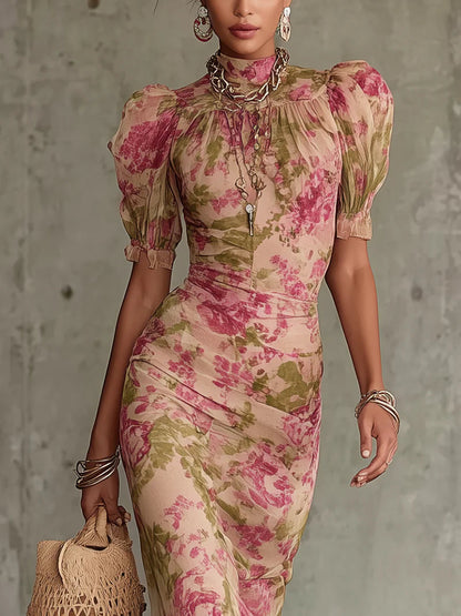 Margaret ∙ Long dress with vintage rose print and puff sleeves