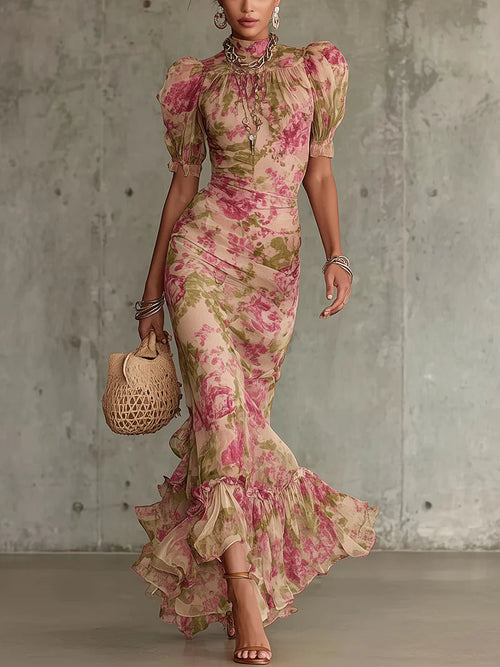 Margaret ∙ Long dress with vintage rose print and puff sleeves