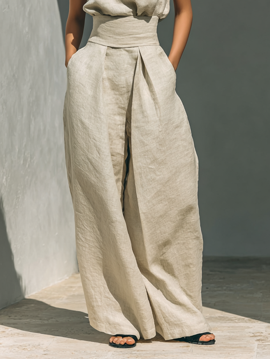 Dorothy • Set consisting of a sleeveless beige top in a cotton-linen blend and wide-leg pants