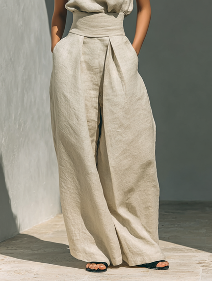 Dorothy • Set consisting of a sleeveless beige top in a cotton-linen blend and wide-leg pants