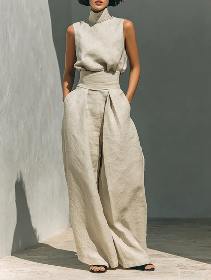 Dorothy • Set consisting of a sleeveless beige top in a cotton-linen blend and wide-leg pants