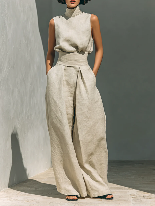 Dorothy • Set consisting of a sleeveless beige top in a cotton-linen blend and wide-leg pants
