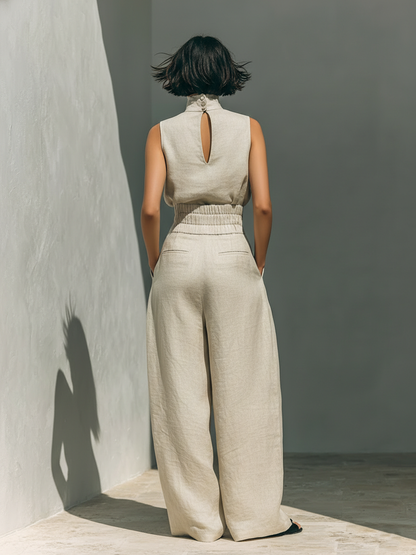 Dorothy • Set consisting of a sleeveless beige top in a cotton-linen blend and wide-leg pants