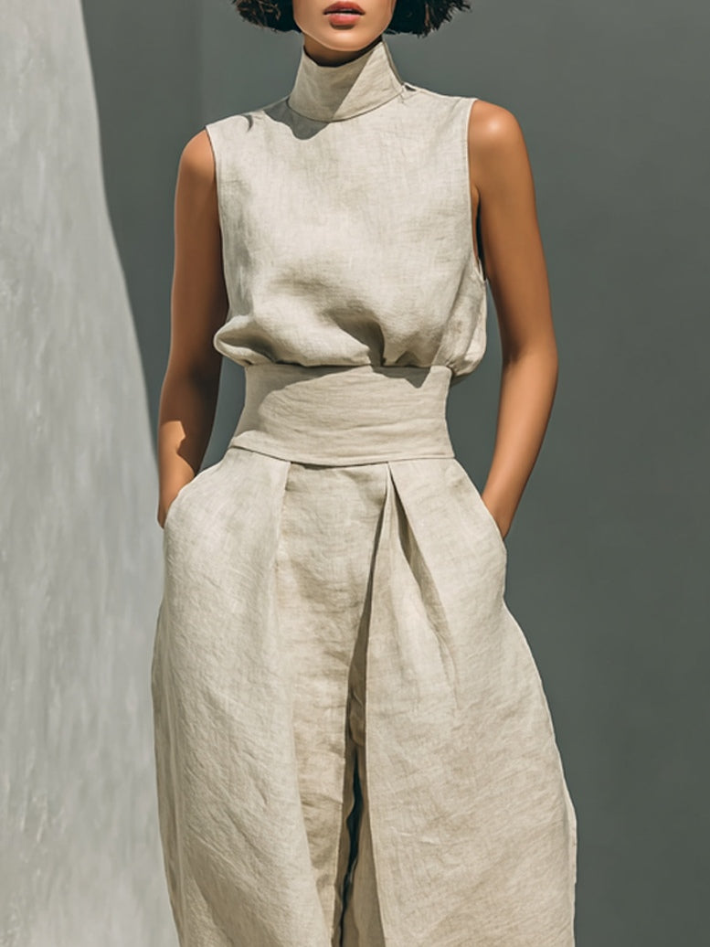 Dorothy • Set consisting of a sleeveless beige top in a cotton-linen blend and wide-leg pants