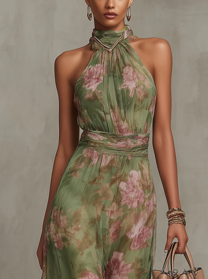 Ruth ∙ Long green floral chiffon dress with halter neck