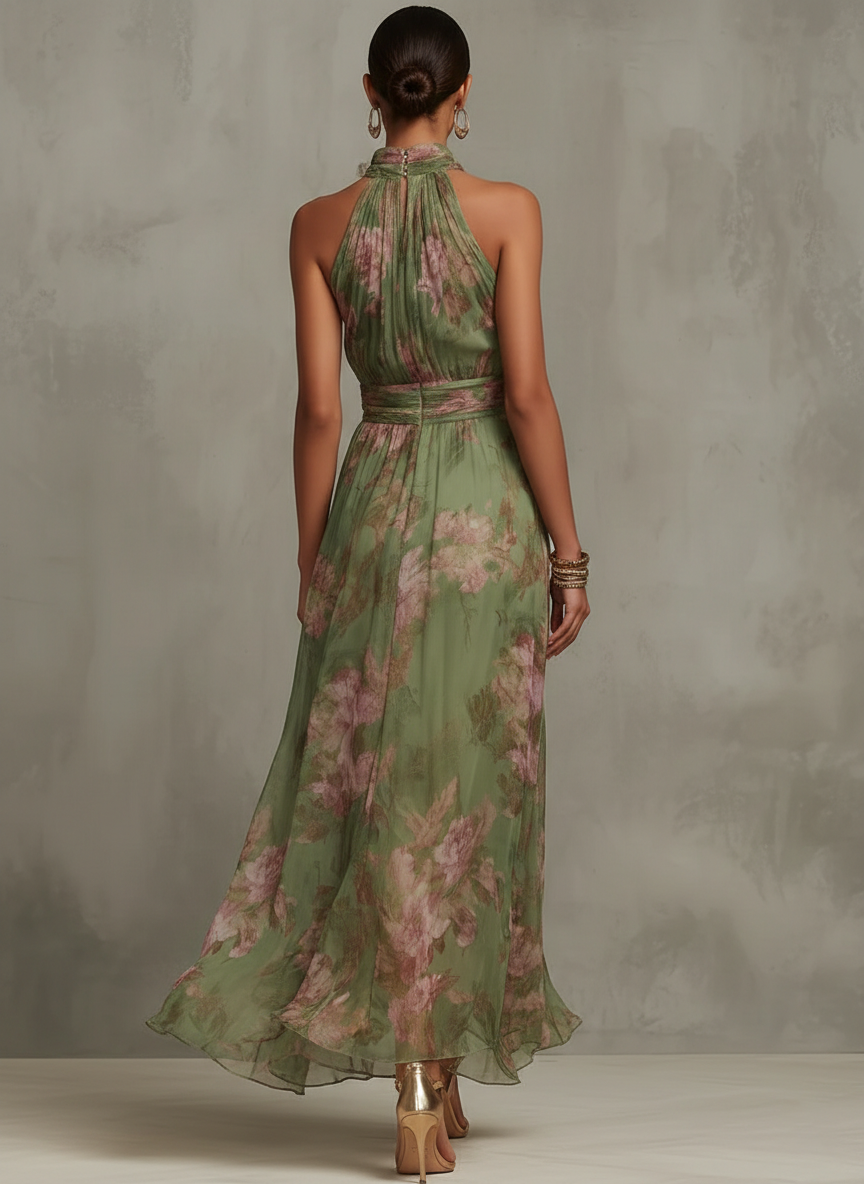 Ruth ∙ Long green floral chiffon dress with halter neck