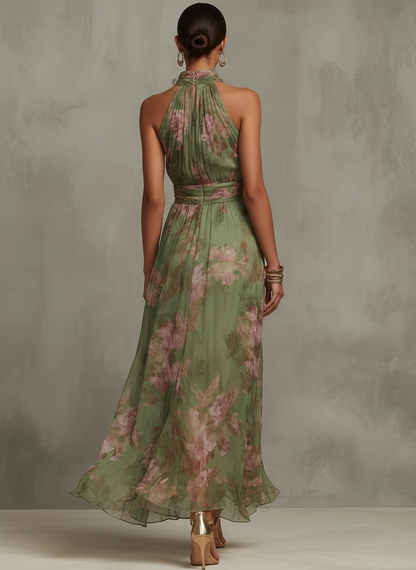 Ruth ∙ Long green floral chiffon dress with halter neck
