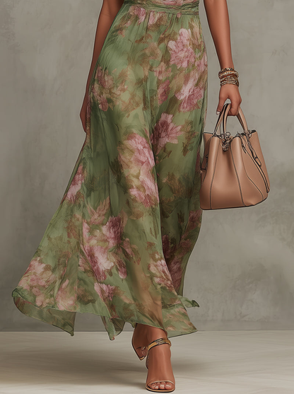Ruth ∙ Long green floral chiffon dress with halter neck