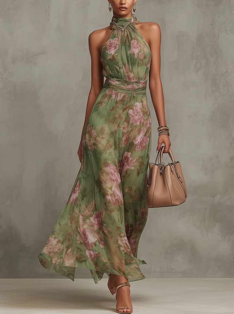 Ruth ∙ Long green floral chiffon dress with halter neck
