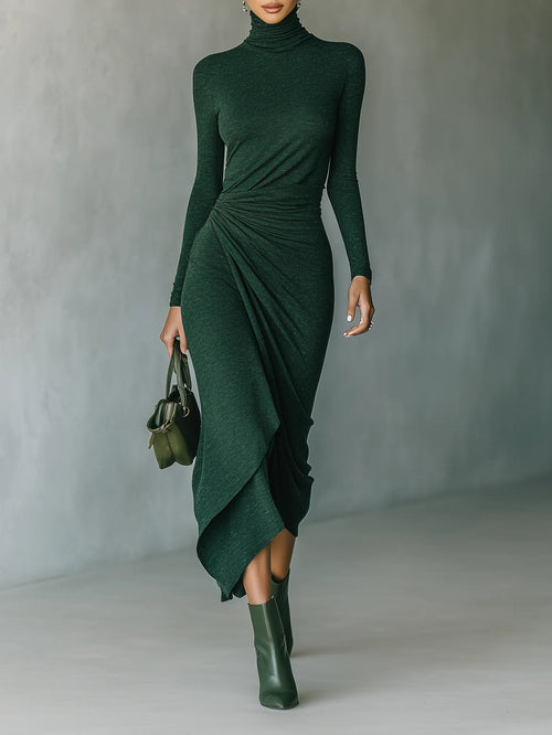 Helen ∙ Asymmetrical wrap midi dress with pleats and high collar in dark green