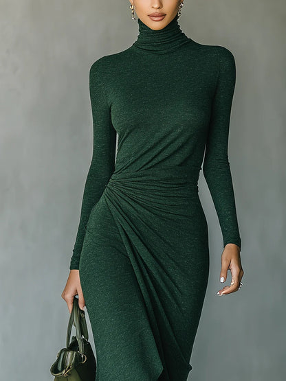 Helen ∙ Asymmetrical wrap midi dress with pleats and high collar in dark green
