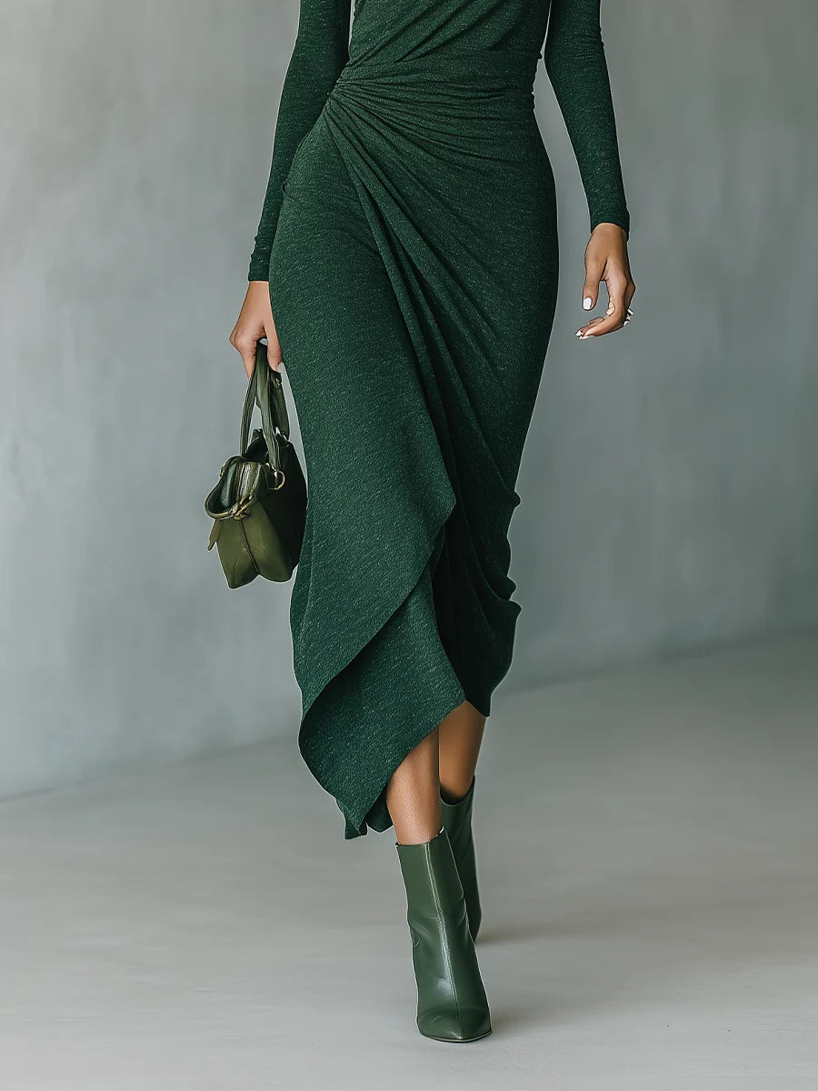 Helen ∙ Asymmetrical wrap midi dress with pleats and high collar in dark green